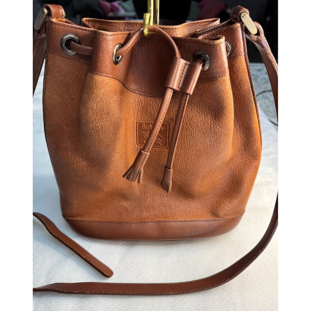 BURBERRYS Brown Leather Drawstring Bucket Bag COA Nova Check Haystack Lining VTG